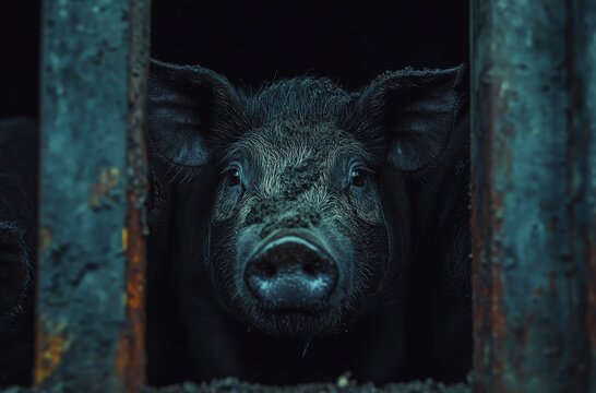 Emotional Portrayal of a Pig Behind Bars in a Farm Environment Showcasing the Struggles of Livestock and the Connection to Animal Welfare and Ethical Farming Practices