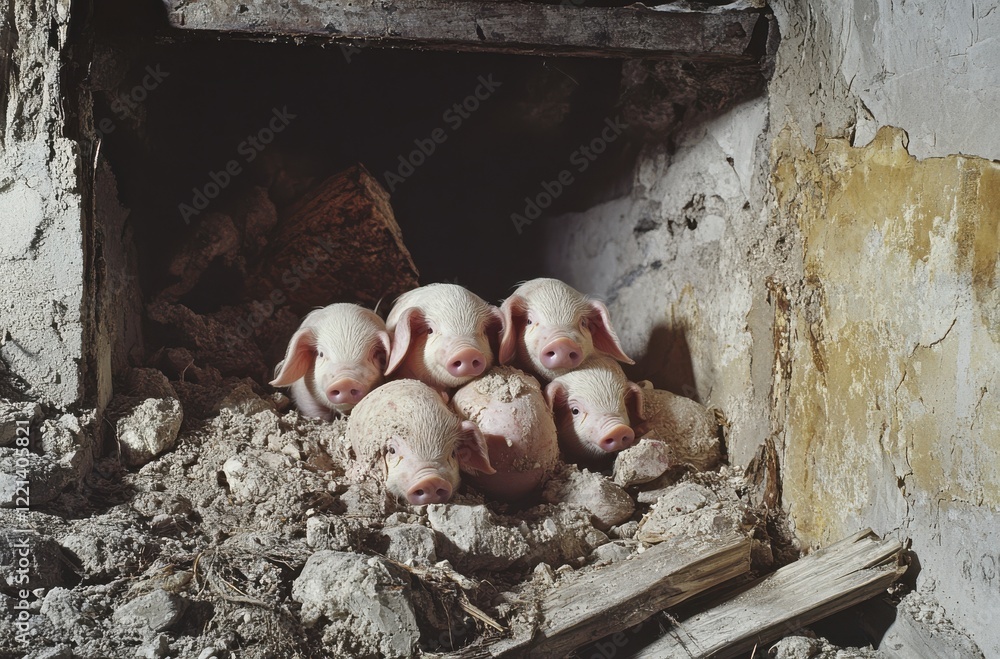 Poster five piglets cuddling together in a rustic barn setting surrounded by debris and weathered materials