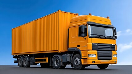 Yellow Freight Truck on the Road: A bright yellow semi-trailer truck loaded with a shipping container is captured driving down a highway.