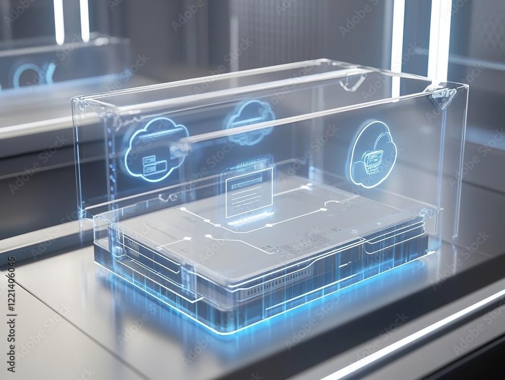 Aufkleber a transparent display showing data storage and cloud migration processes in a seamless, secure manne
