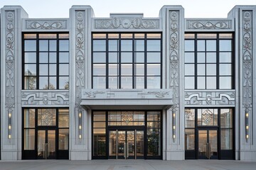 A refined art deco building with bold decorative patterns, clean lines, and large glass windows
