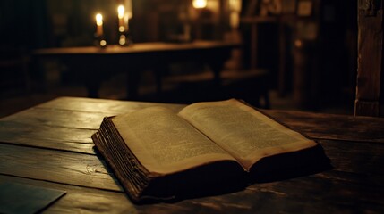 Open Old Book on Wooden Table lit by Candles in a dark, vintage interior