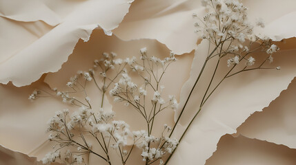 Delicate white flowers arranged on textured beige paper. A minimalist floral composition.