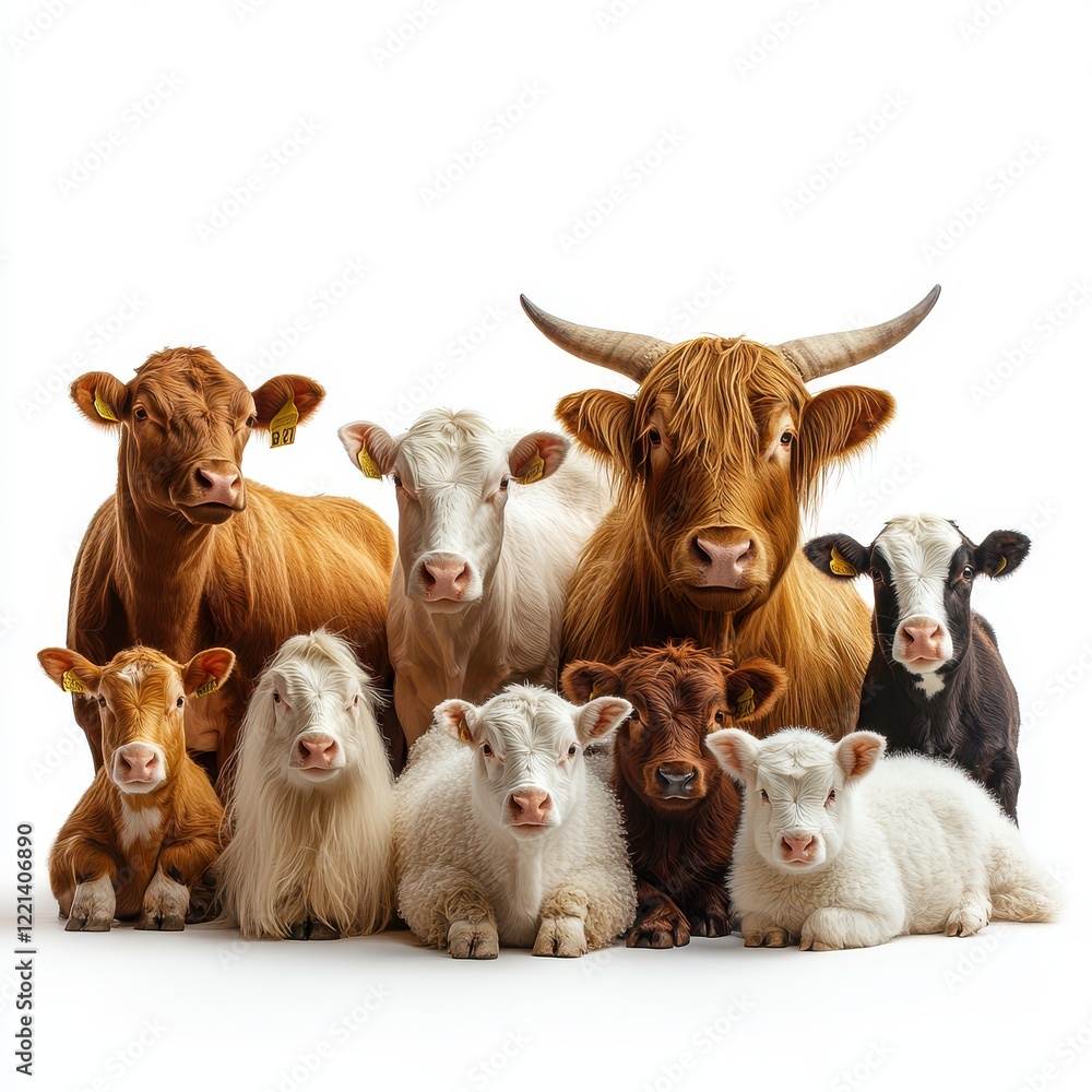 Poster group of adorable cows featuring different breeds in a studio setting showcasing their unique colors