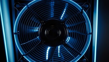 Cyberpunk Cooling Fan: Blue Neon Glow on Industrial Design