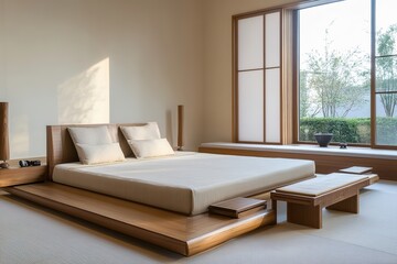 A spacious bedroom with a low-profile minimalist bed, simple wooden furniture, and light neutral tones. The room features a large window with a peaceful outdoor view.