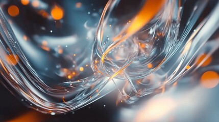 Abstract fluid movement with transparent texture and light particles emitting orange glow