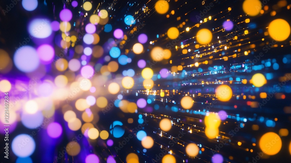 Poster abstract digital data stream with glowing orbs and flowing light paths