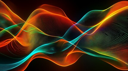 Abstract glowing wave patterns in vibrant orange green and blue with dark background