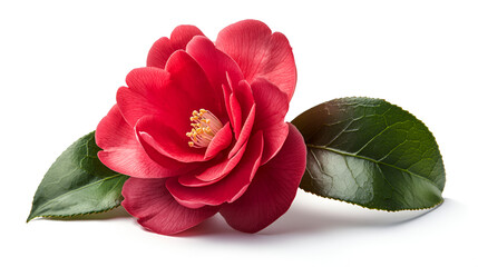 A vibrant red camellia blossom with lush green leaves, isolated on a white background. Perfect for elegant designs.