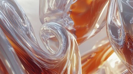 Abstract 3D render of glass with orange tint and light reflections in soft environment