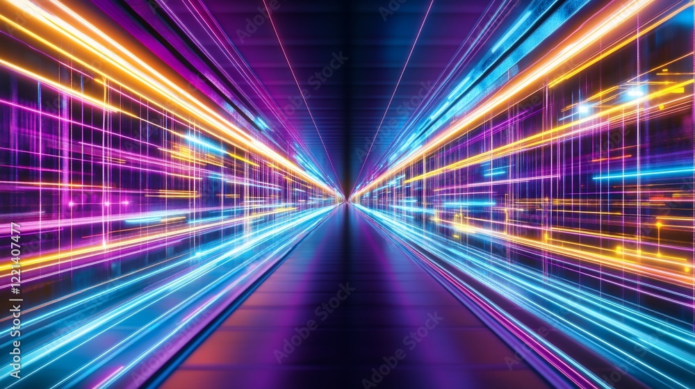 Poster abstract futuristic background with neon light trails and geometric grid pattern creating a sense of