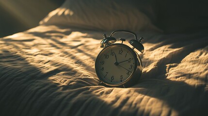 Vintage alarm clock resting on a rumpled bed with morning sunlight streaming in