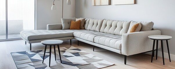A sleek sectional sofa with plush upholstery and modern armrests, accented by a geometric rug and minimalist side tables in a chic living room.