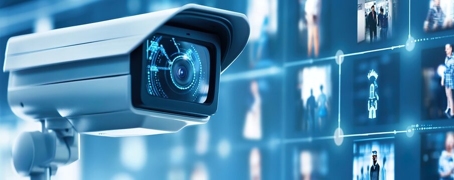 A smart camera system processing video footage in real-time, with computer vision algorithms detecting people and objects.