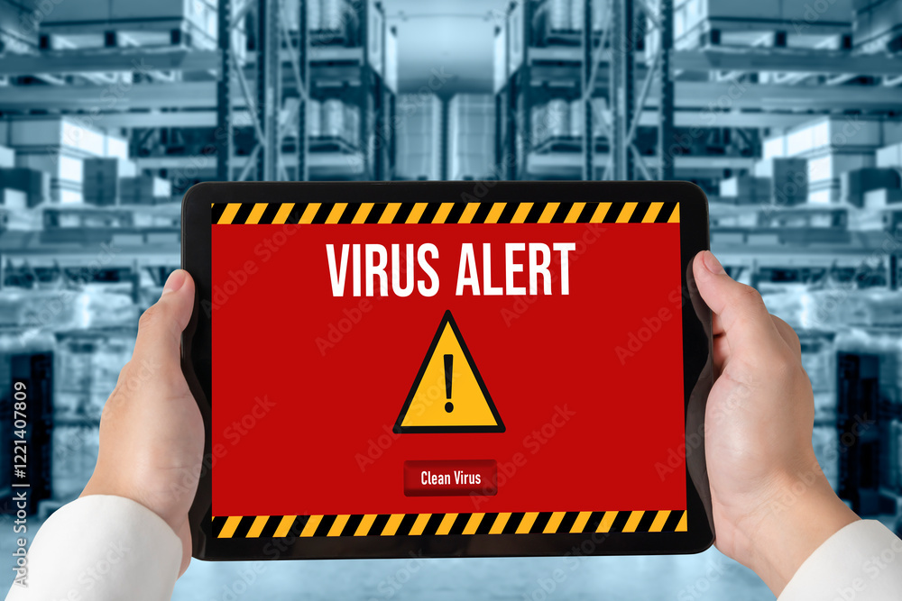 Poster virus warning alert on computer screen detected modish cyber threat , hacker, computer virus and mal