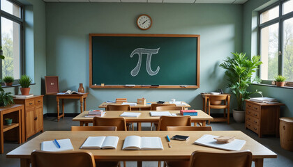 Naklejka premium Empty classroom with blackboard and math symbol, Day of Pi