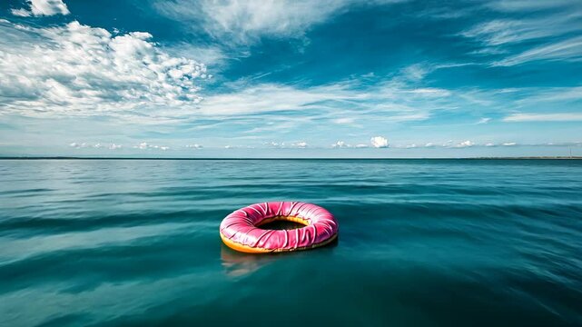 Bright pink floating donut pool float drifts in calm blue waters under a sunny sky