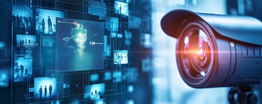 A smart camera system processing video footage in real-time, with computer vision algorithms detecting people and objects. - Powered by Adobe