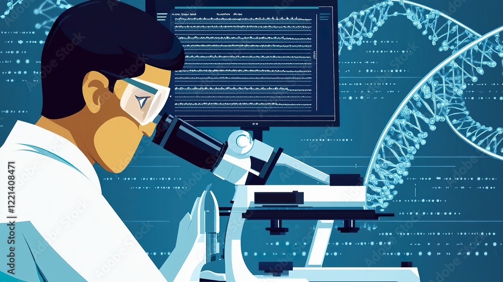 Aufkleber a lab technician analyzing dna sequences with a high-tech microscope, displaying real-time genetic d