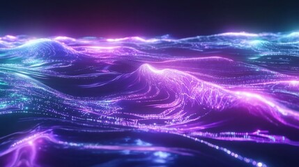 Abstract glowing waves of light with purple and blue hues creating a digital landscape