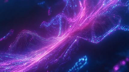 Abstract cosmic particle flow with vibrant pink and blue hues against a dark background