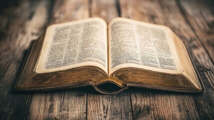 Obraz premium An old open book displaying its aged paper and printed text, resting on wooden planks