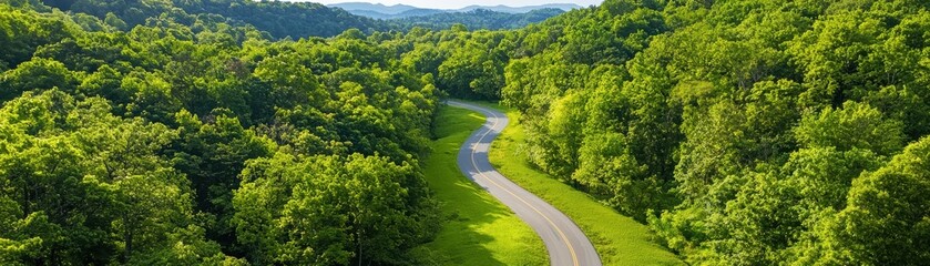 A winding road cuts through lush green forests, surrounded by hills and a serene landscape under a bright blue sky.