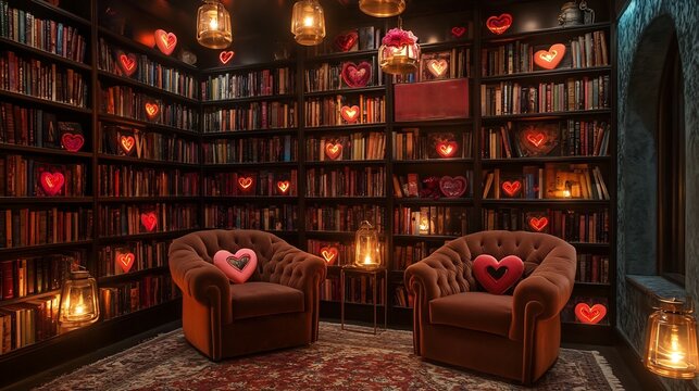 Home library velvet armchairs stacked love themed books and glowing lanterns