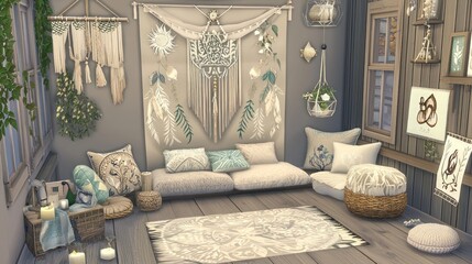 Cozy bohemian living room, tranquil sunset view, relaxation