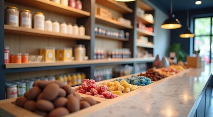 Many different types of candies on the counter