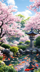 Serene Japanese Garden with Cherry Blossoms, Koi Pond, and Traditional Stone Lantern