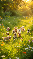 Group of Playful Golden Puppies Running in a Flower-Filled Meadow at Sunset
