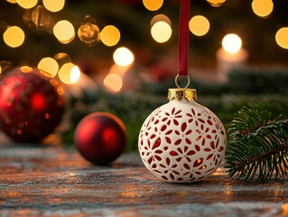 Festive white ornament hangs, bokeh lights, wooden table, Christmas
