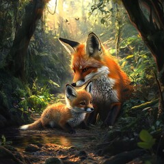 Naklejka premium A tranquil scene featuring a mother fox with her cub in the dense forest surrounded by vibrant green foliage and sunlight filtering through the trees.