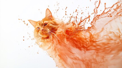 A vibrant orange cat with a splash of juice and a white background creates a dynamic and eye-catching scene