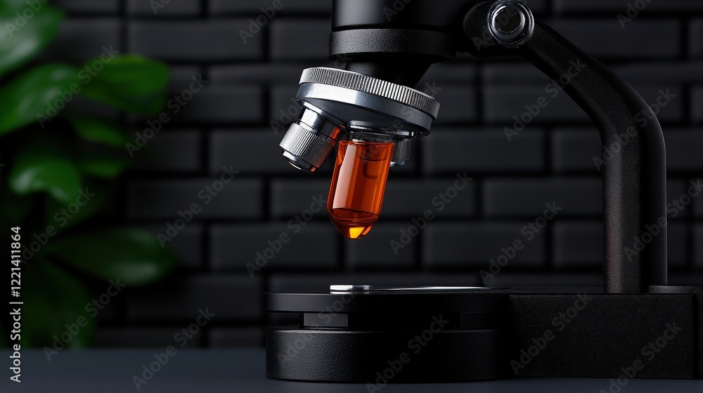 Poster microscope sample analysis: a close-up shot of a microscope with a sample vial containing amber liqu