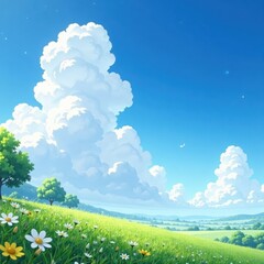Azure spring sky, fluffy white clouds drifting lazily , blue, landscape, atmosphere