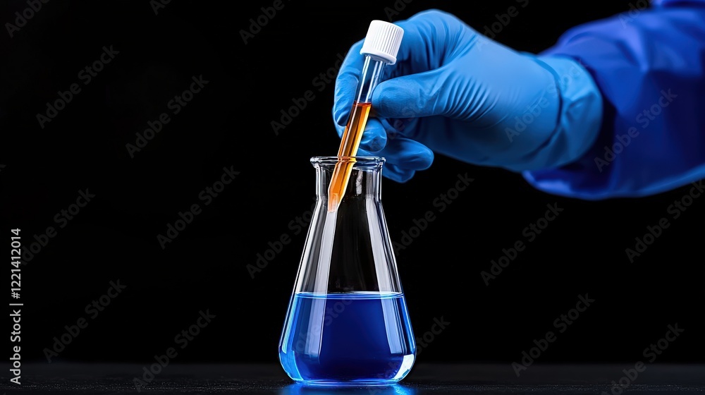 Poster precise dropping: a gloved hand carefully drips a liquid from a dropper into a flask containing a br