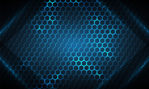 Hexagon gaming technology vector dark blue abstract background with bright glowing energy flashes. Vector illustration - Powered by Adobe