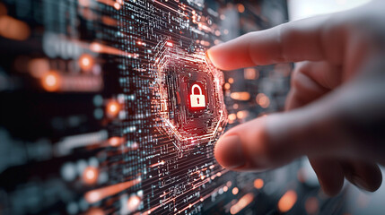 Hand Interacting With Glowing Red Padlock Icon On Digital Interface