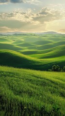 Obraz premium Rolling green hills under a dramatic sunset with a cloudy sky, showcasing vibrant and serene natural beauty. Perfect for scenic wallpapers and eco-friendly themes.