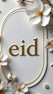 A white background with flowers and the word Eid written in gold. The flowers are white and scattered throughout the background