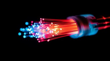 Illuminated Fiber Optics Cable with Red and Blue Light Over a Black Background