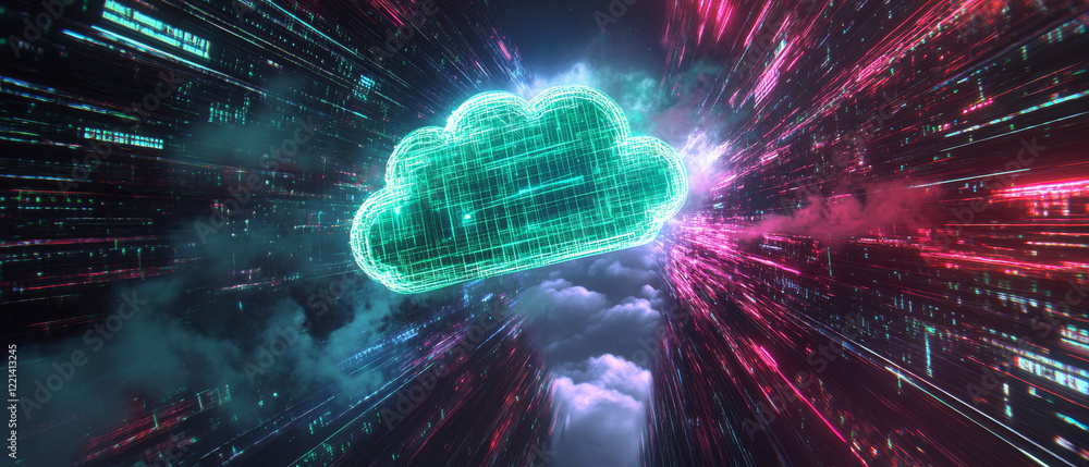 Poster digital cloud representation with vibrant data flow and neon colors