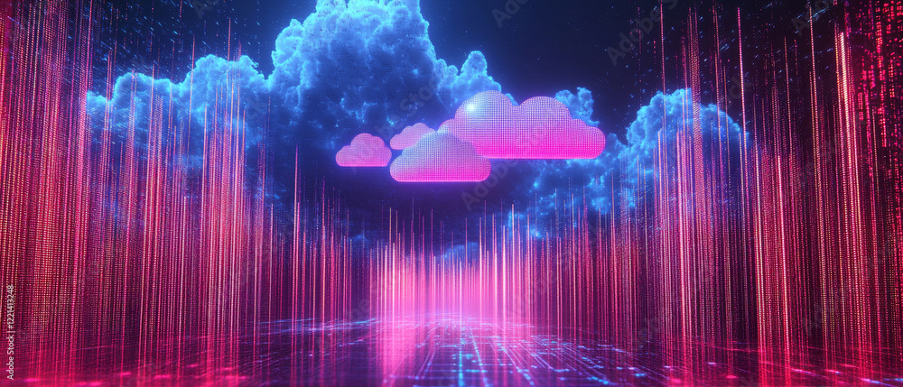 Poster vibrant digital landscape featuring glowing clouds and data streams, creating futuristic atmosphere