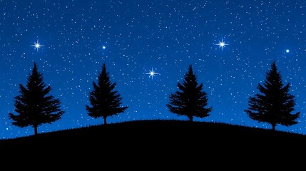 Fototapeta premium Night sky, stars, trees, hill, winter, landscape, peaceful, nature, background, illustration