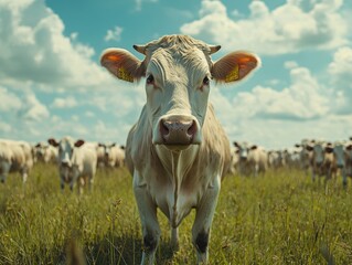 Majestic White Cow Stands Proudly in Sunlit Pasture Surrounded by Herd Under Clear Blue Sky with Fluffy Clouds in Lush Green Grassland Environment