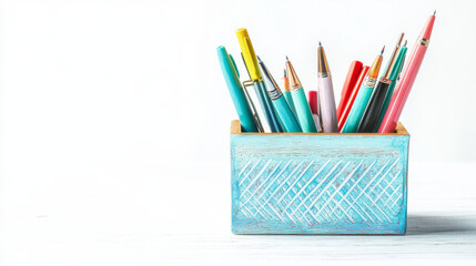 Fototapeta premium Colorful pens and pencils arranged in decorative wooden caddy on light background, perfect for organizing your workspace