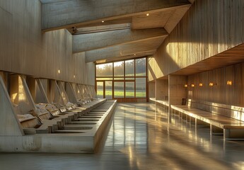 Fototapeta premium Modern Architectural Interior with Minimalist Design Showcasing Natural Light, Concrete Walls, and Wooden Accents in Calm and Serene Atmosphere